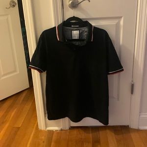 Blue shirt with white and red stripes